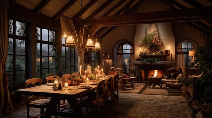 Fototapeta na wymiar AI generated illustration of A cozy, classic dining room with a wooden table, chairs, a fireplace