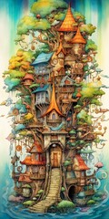 AI generated illustration of a beautiful fantasy village with colorful houses