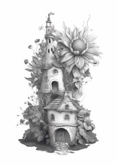AI generated illustration of a magnificent castle with sunflowers in the foreground