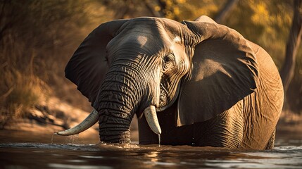 AI-generated illustration of a majestic elephant making its way through a body of water.