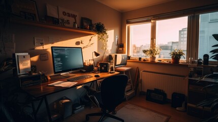 AI generated illustration of a computer on a desk illuminated by natural light