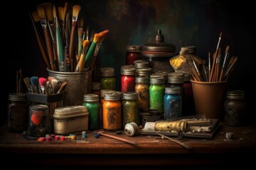 AI generated illustration of an arrangement of paint jars, paintbrushes on a wooden table