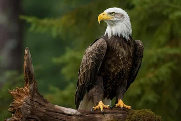 Foto op Plexiglas AI generated illustration of a majestic bald eagle perched on a log in a serene woodland © Wade Mcmaster/Wirestock Creators