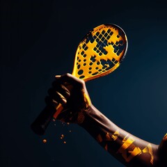 Tennis racket in yellow liquid held in a person's hand against a dark background, AI-generated.