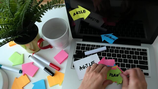 IT worker with agile board. Using scrum board for task control is a kind of agile development methodology