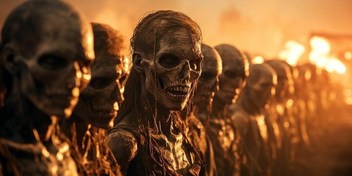 AI generated illustration of a line of zombies walking in the dim light of sunset