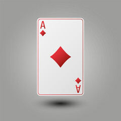 Realistic playing card for poker or blackjack. Ace of diamonds suit on a gray background. Vector illustration.