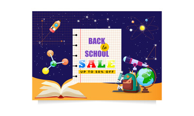 Back to school sale vector banner with educational items, planets, molecules floating in space. Vector illustration