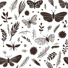 Butterfly, moth and bug among herbs and flowers. Meadow life of insects and plants, brown and white vintage seamless pattern. Vector illustration