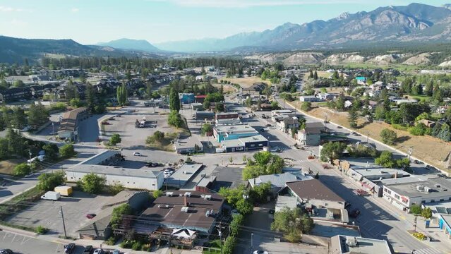 Beautiful 4K drone footage flying over downtown Invermere, British Columbia, Canada