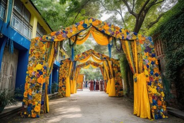 Festive Outdoor Event with Yellow and Orange Drapes and Flowers