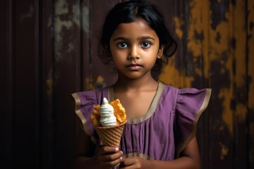 A Young Indian Girl Holding a Cone of Ice Cream Fictional Character Created By Generative AI