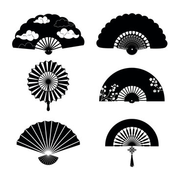Paper fan. Black silhouettes different forms. Chinese or japanese monochrome traditional souvenirs with various ornament. Patterned asian folding tool. Geisha symbol. Vector isolated set