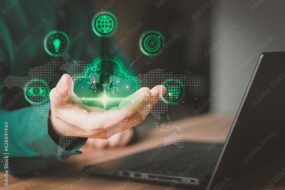 Poster Ai technology with cloud computing. Digital transformation change management, internet of things. Technology big data and business process strategy, Financial management, smart industry.