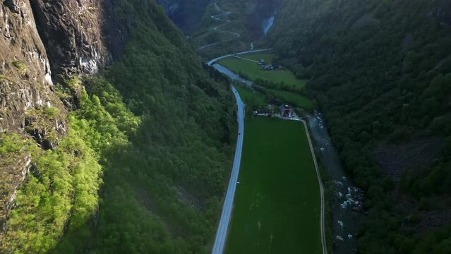 Drone footage around green Stalheim Canyon with valle and landscape , Norway