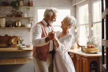 Fototapeta na wymiar A happy older couple dancing together in a kitchen Fictional Character Created By Generative AI