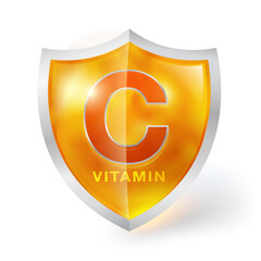 Vitamin C shield isolated on white background. Protect your body with a crystal clear orange shield. To advertise body vitamins, nutritional supplements, food nutrition, medical concepts.