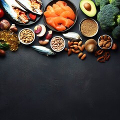 Fototapeta na wymiar Food sources of omega 3 on dark background with copy space top view. Foods high in fatty acids including vegetables, seafood, nut and seeds. Health food fitness