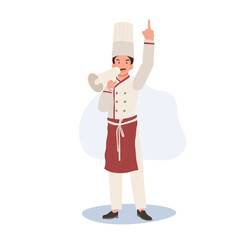 Full-Length Chef Illustration. Confident Male Chef Holding Megaphone. Professional Chef Announcing with Megaphone. Flat vector cartoon illustration