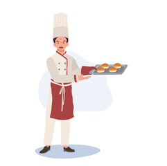 Full-Length Bakery Chef Illustration with Fresh Baked Bun. Flat vector cartoon illustration