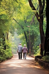 Fototapeta na wymiar A Pair of Elderly Lovers Taking a Stroll Through a Lush, Green Park Fictional Character Created By Generative AI