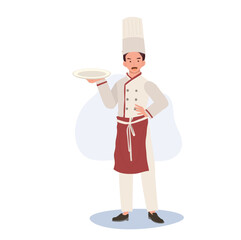 Culinary Professional concept. Full-Length Chef in Chef Hat and Uniform Holding Plate. Flat vector cartoon illustration