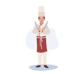 Culinary Professional concept. Chef in Chef Hat and Uniform Crossed Arms with Knife. Flat vector cartoon illustration