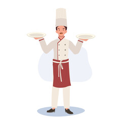 Culinary Professional concept. Full-Length Chef in Chef Hat and Uniform Holding Plate. Flat vector cartoon illustration