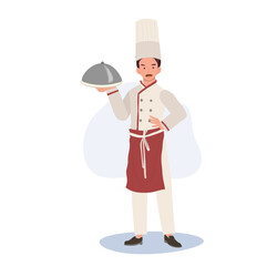 Culinary Professional concept. Full-Length Chef in Chef Hat and Uniform Holding Plate. Flat vector cartoon illustration