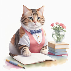 cute ginger cat teacher in a vest beginning of the school year