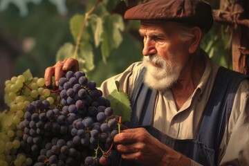 Obraz premium An Old Man Examining a Berry Patch - Wine Grape Harvest Fictional Character Created By Generative AI