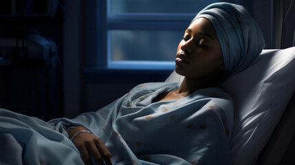 young poc woman asleep resting and recovering in hospital bed wearing blue gown - obrazy, fototapety, plakaty