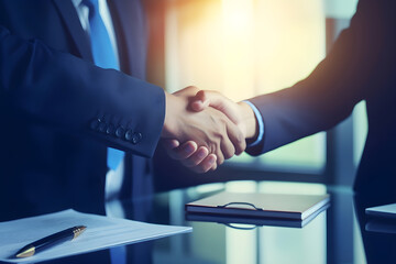 Partnership. two business people shaking hand after business job interview in meeting room office, negotiation, investor, success, partnership, teamwork, financial, connection concept, Generative AI