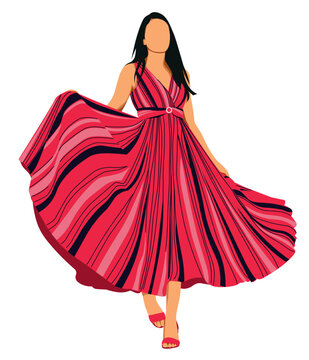 Girl in dress dancing minimalist full body fashion vector illustration