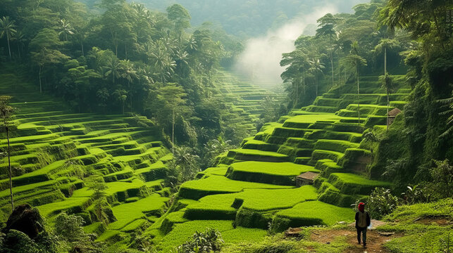 Breathtaking Indonesian terraced village, Bena, with a local tribesman in traditional green ikat cloth overlooking lush terrain. Generative AI
