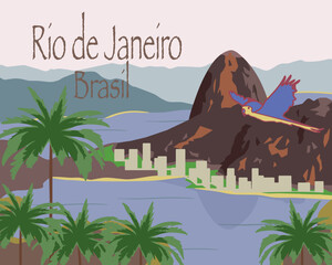 Rio de Janeiro, Brasil. Tropical landscape of Rio in Brazil with Sugarloaf Mountain, palm trees, parrot bird and the bay. Travel and tourism concept. Hand drawn, vector eps.
