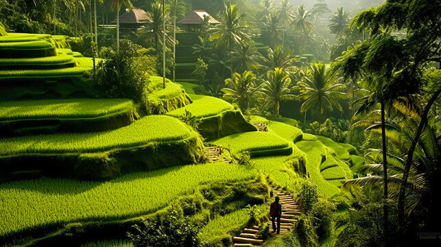 Majestic Indonesian village of Bena in vibrant green terraced landscape, with local tribesman elegantly dressed in traditional ikat cloth. Generative AI