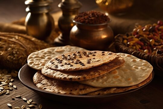 A Variety of India's Finest Flatbreads - Roti, L chapati, and Janta on a Platter
