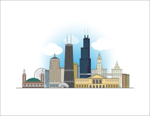 Chicago color cityscape line art style vector illustration