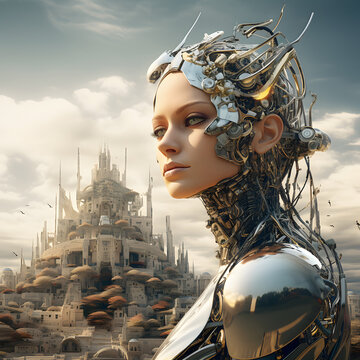 Robot con arquitectura al fondo