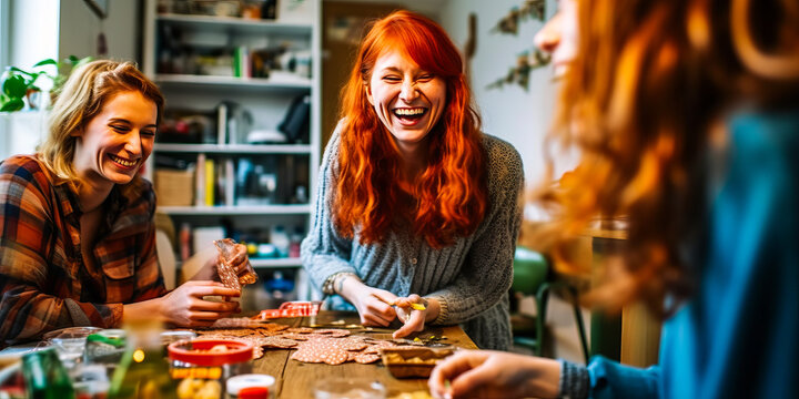 Vibrant scene of joyous redhead friends enjoying a festive game night at home, sharing laughter and snacks. An encapsulation of togetherness and simple pleasures. Generative AI