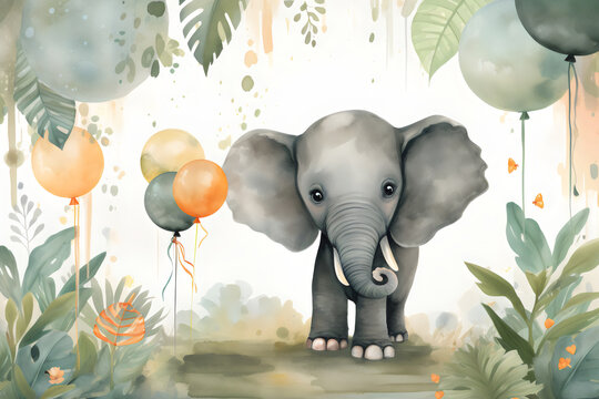 baby elephant with balloons in the jungle, birthday watercolor painting