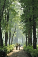 A couple walking down a misty forest path Fictional Character Created By Generative AI