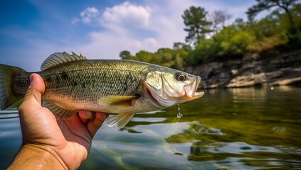 Fisherman hand holding fish he just caught in the water, generative ai