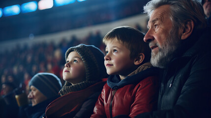 Grandfather and Grandsons at Hockey  Game. Sitting in the Stands Watching the Play. Cold Winter. Concept of Sports, Bonding, Love, and Small Moments.