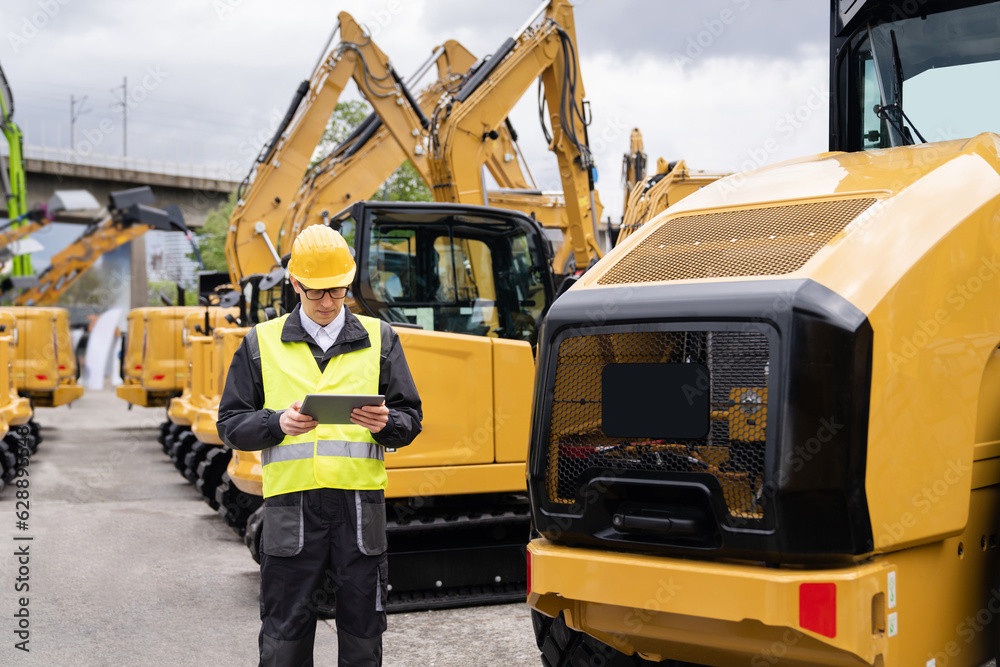 Poster engineer in a helmet with a digital tablet stands next to construction excavators.
