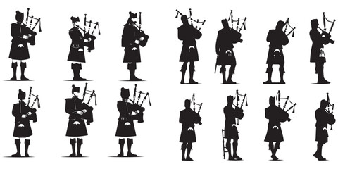 Set of Scottish man bagpipers in traditional dress silhouette vector on white background