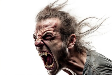 Aggressive screaming man isolated on white background.