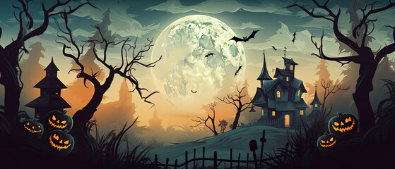 Happy Halloween Banner Dreamlike Illustration Witch , Full Moon, and Haunted House, Creating a Magical Atmosphere. Generated AI.