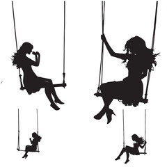 The girl is swinging with a swing made of rope ‍Silhouette vector - obrazy, fototapety, plakaty